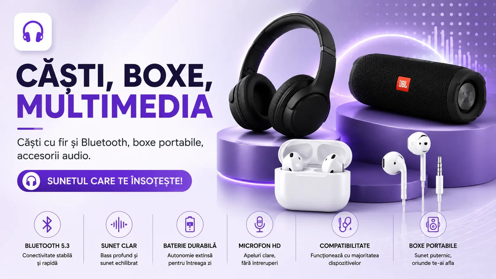 Casti, boxe, multimedia — Căști cu fir și Bluetooth, boxe portabile, accesorii audio.