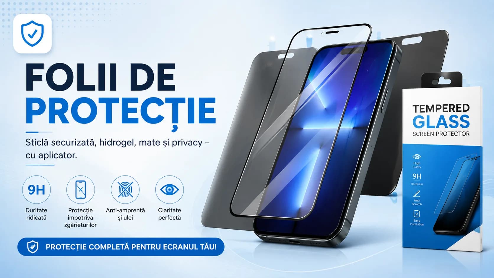 Folii de protectie — Sticlă securizată, hydrogel, mate și privacy — cu aplicator.