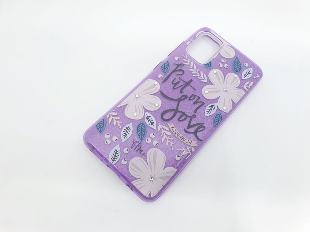 Husa Flowers Glitter pentru Samsung Galaxy S20 Ultra, cu mesaj, mov 2