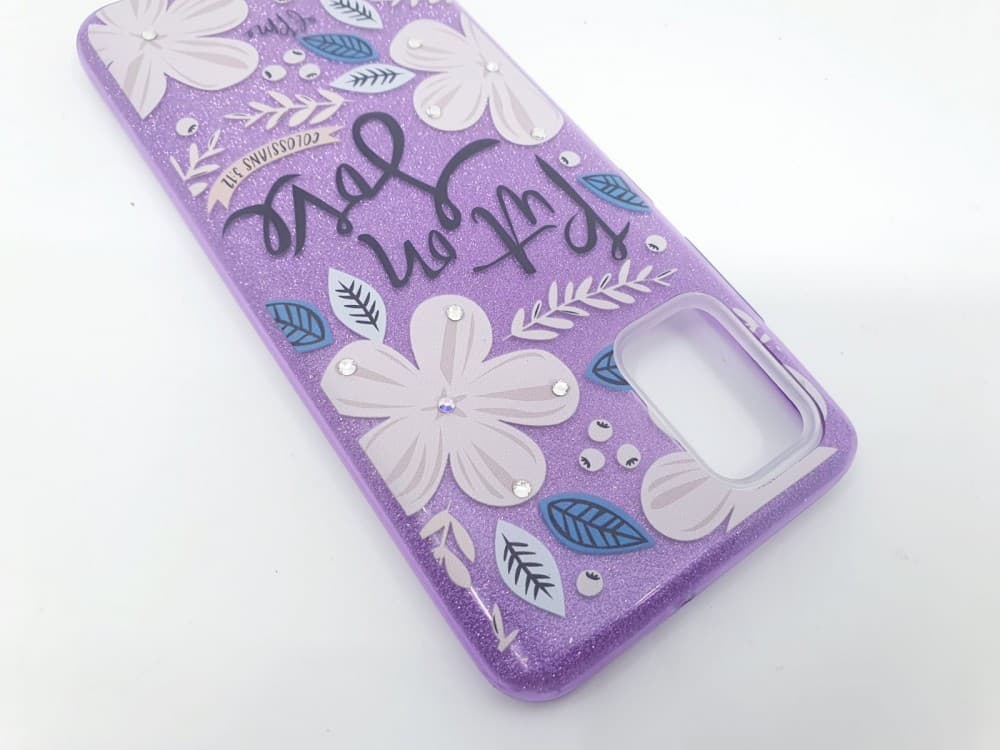 Husa Flowers Glitter pentru Samsung Galaxy S20 Ultra, cu mesaj, mov 3