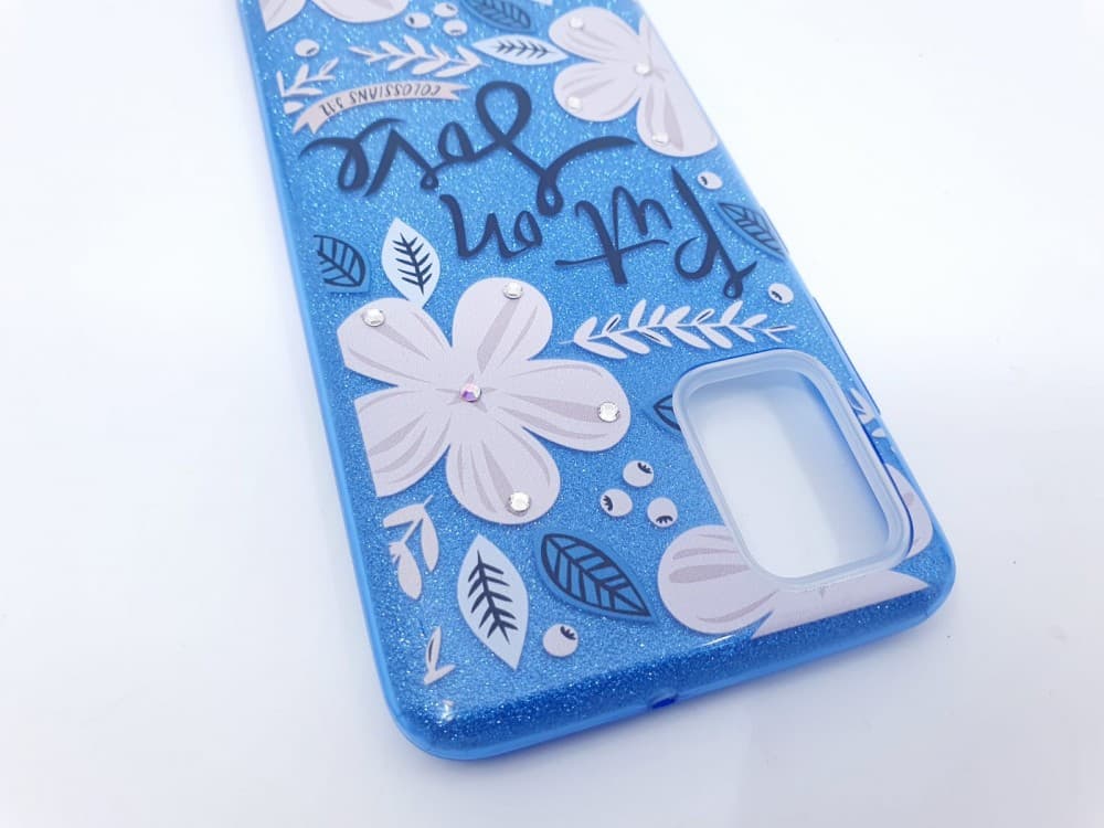 Husa Flowers Glitter pentru Samsung Galaxy S20, cu mesaj, albastra 3