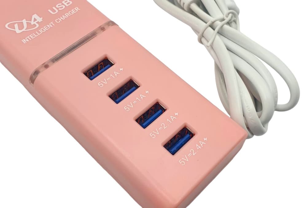 Incarcator casa U4, 4 porturi USB 5V - 2.4A, cablu prelungitor 1 metru, roz 2