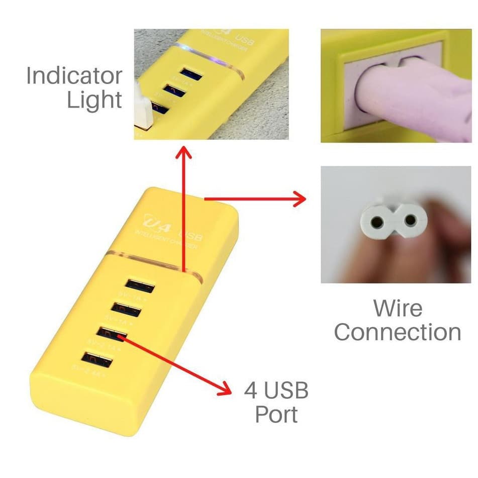 Incarcator casa U4, 4 porturi USB 5V - 2.4A, cablu prelungitor 1 metru, roz 4