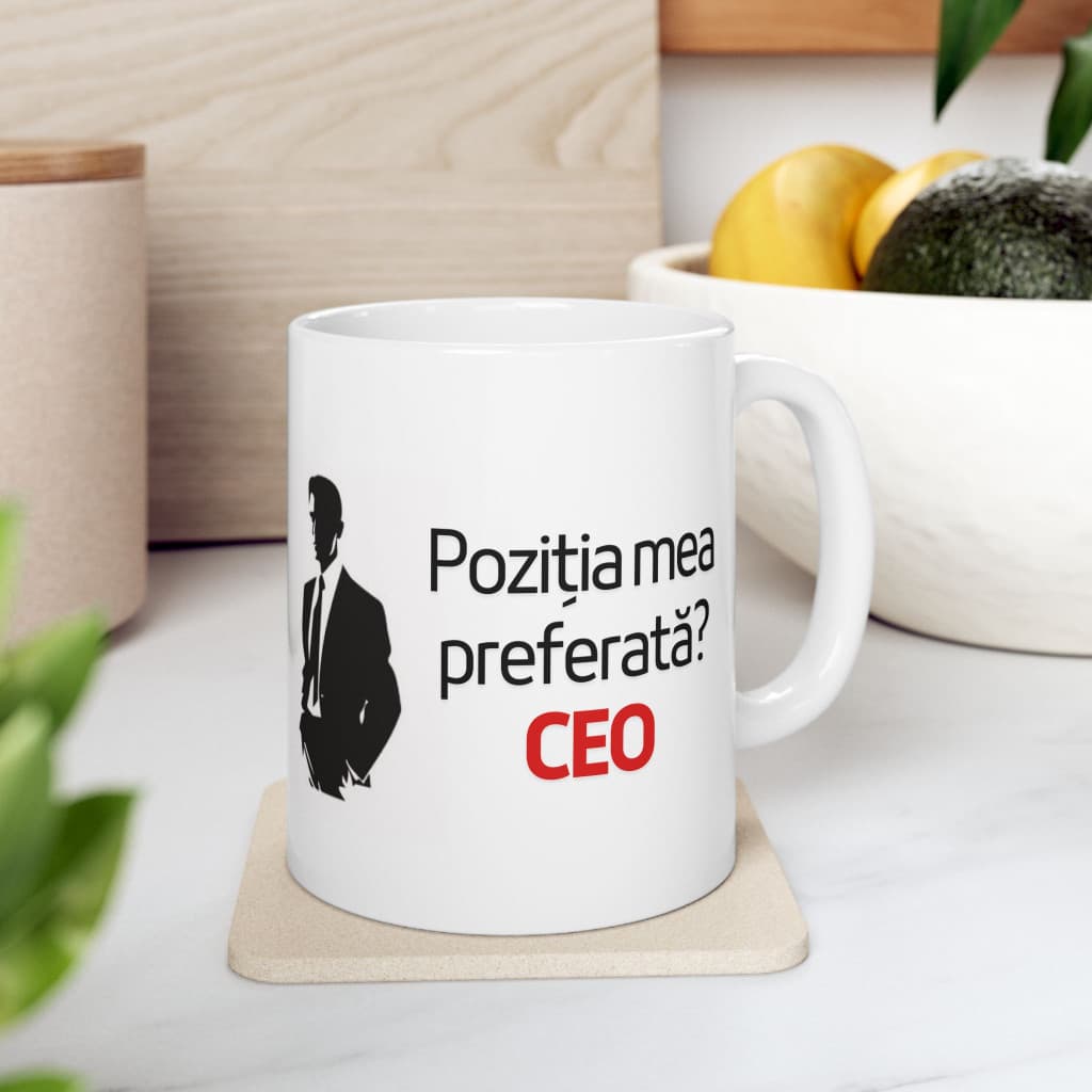 Cana ceramica personalizata, mesaj "Pozitia mea preferata? CEO", 330 ml, alba 2
