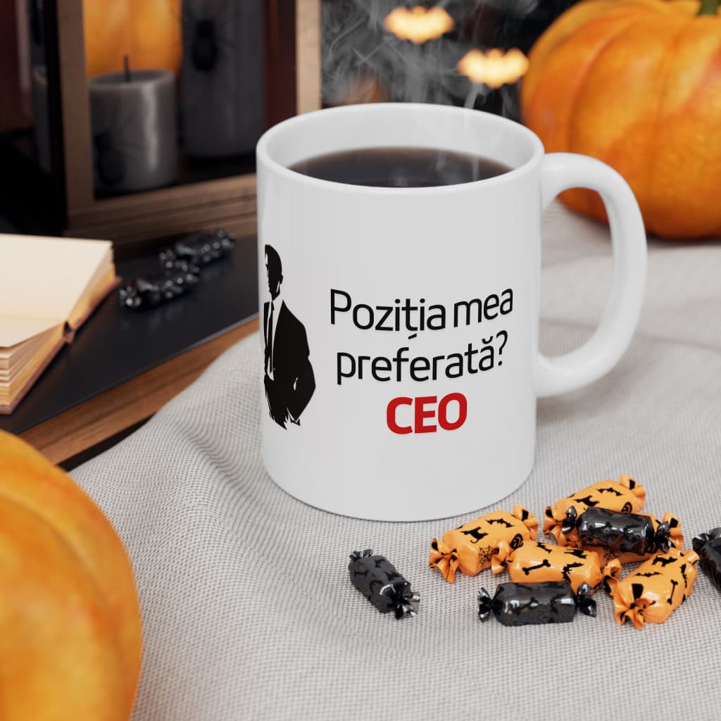 Cana ceramica personalizata, mesaj "Pozitia mea preferata? CEO", 330 ml, alba 3