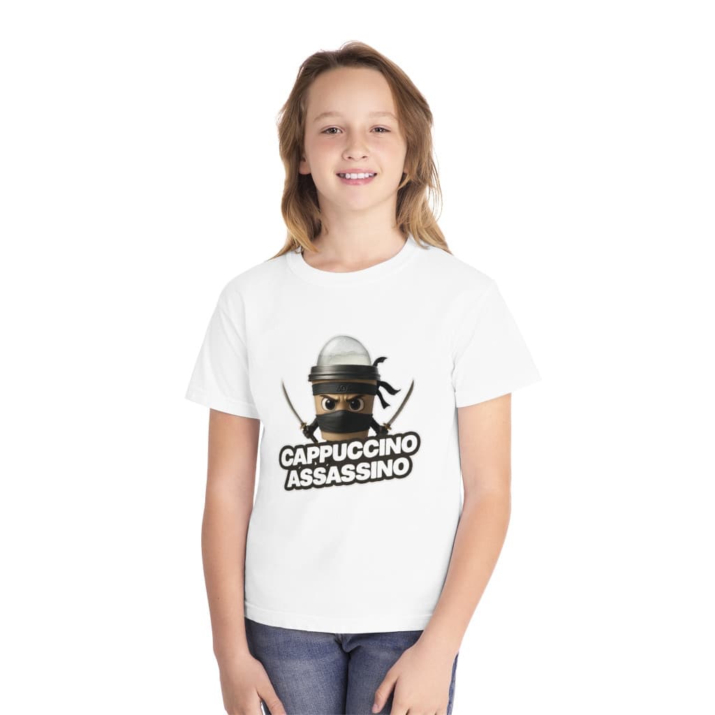 Tricou personalizat alb, copii/adulti, design Cappuccino Assassino 1, modal, diverse marimi 2