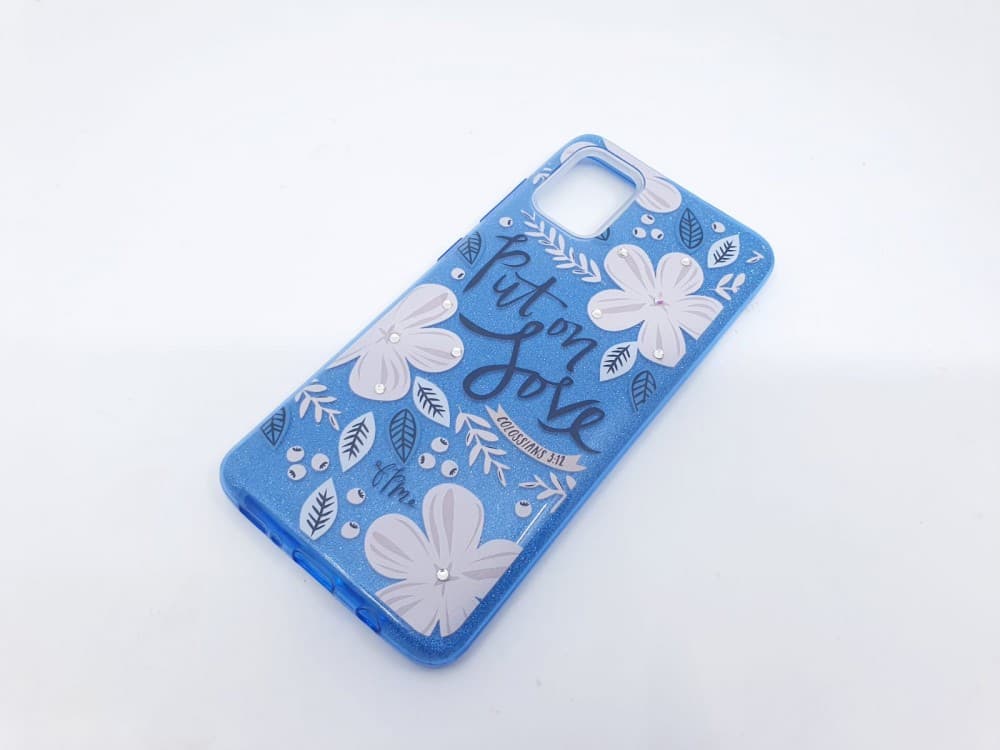 Husa Flowers Glitter pentru Samsung Galaxy S20 Ultra, cu mesaj, albastra 2