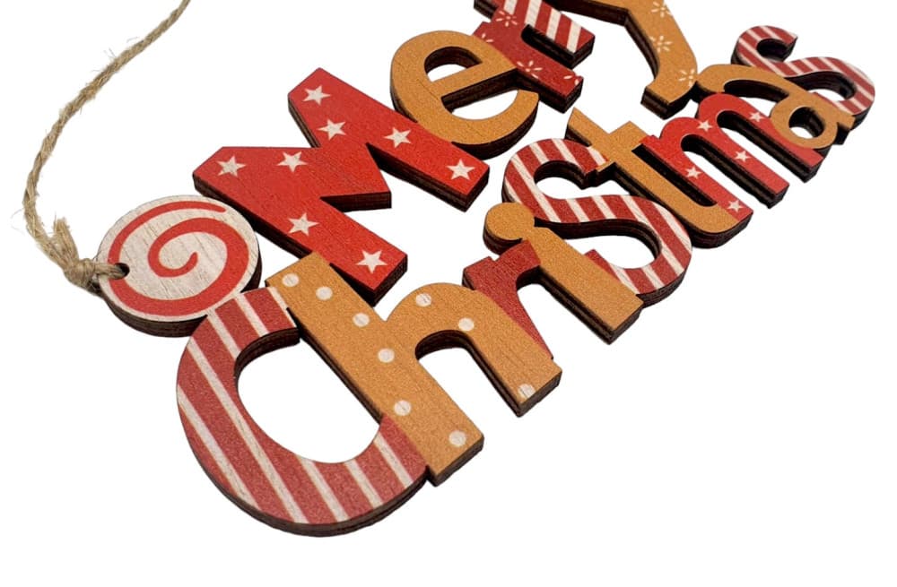 Decoratiune Craciun din lemn, Merry Christmas, rosu/portocaliu 2