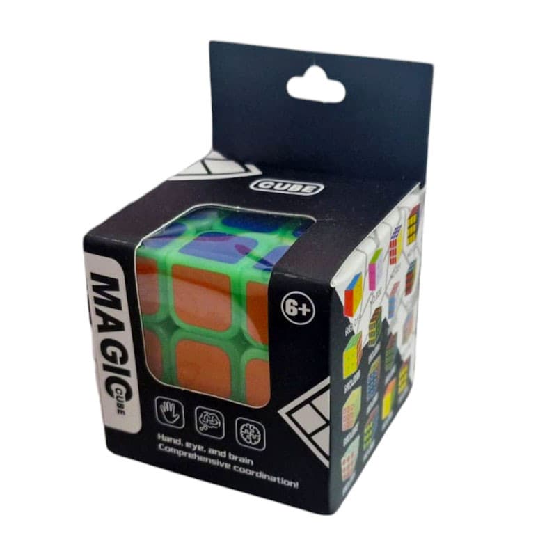 Jucarie cub tip Rubik, 3 x 3 randuri, 5.5 cm, 6 fete colorate, cadru verde fluorescent 3