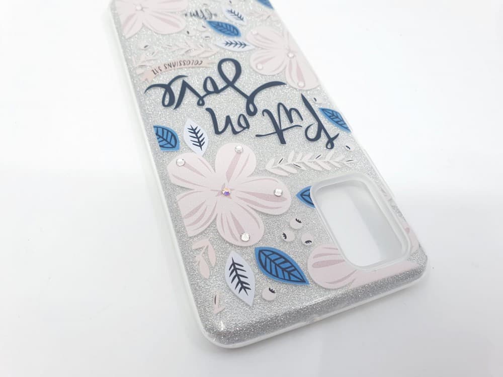 Husa Flowers Glitter pentru Samsung Galaxy S20 Ultra, cu mesaj, argintie 3