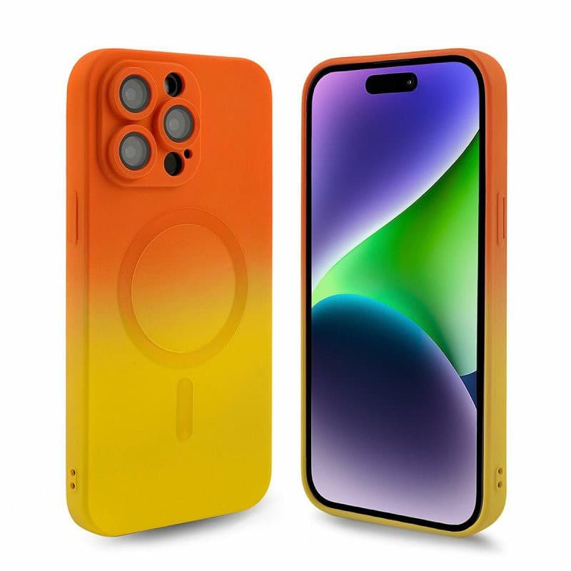 Husa Apple iPhone 13 Pro, Magsafe Ombre Silicone, geam protectie camere, portocaliu/galben 3
