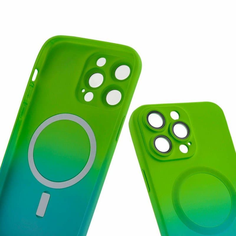 Husa Apple iPhone 13 Pro, Magsafe Ombre Silicone, geam protectie camere, verde/albastru 2