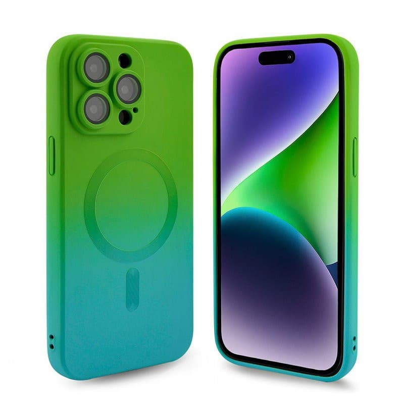 Husa Apple iPhone 13 Pro, Magsafe Ombre Silicone, geam protectie camere, verde/albastru 3