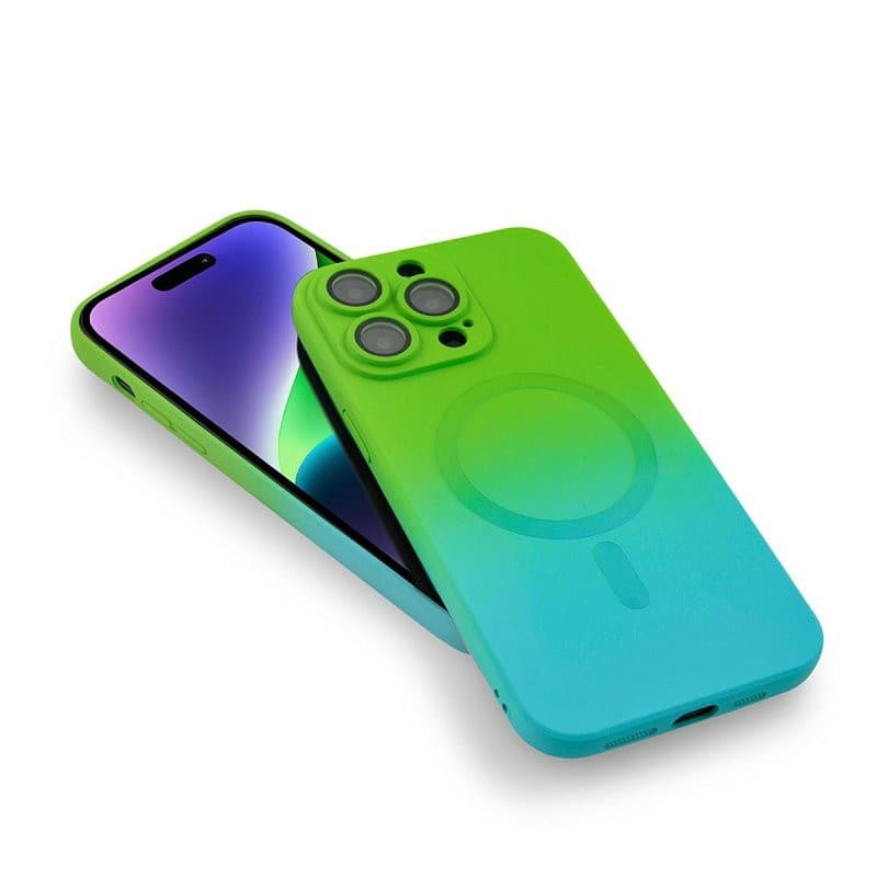 Husa Apple iPhone 13 Pro, Magsafe Ombre Silicone, geam protectie camere, verde/albastru 4
