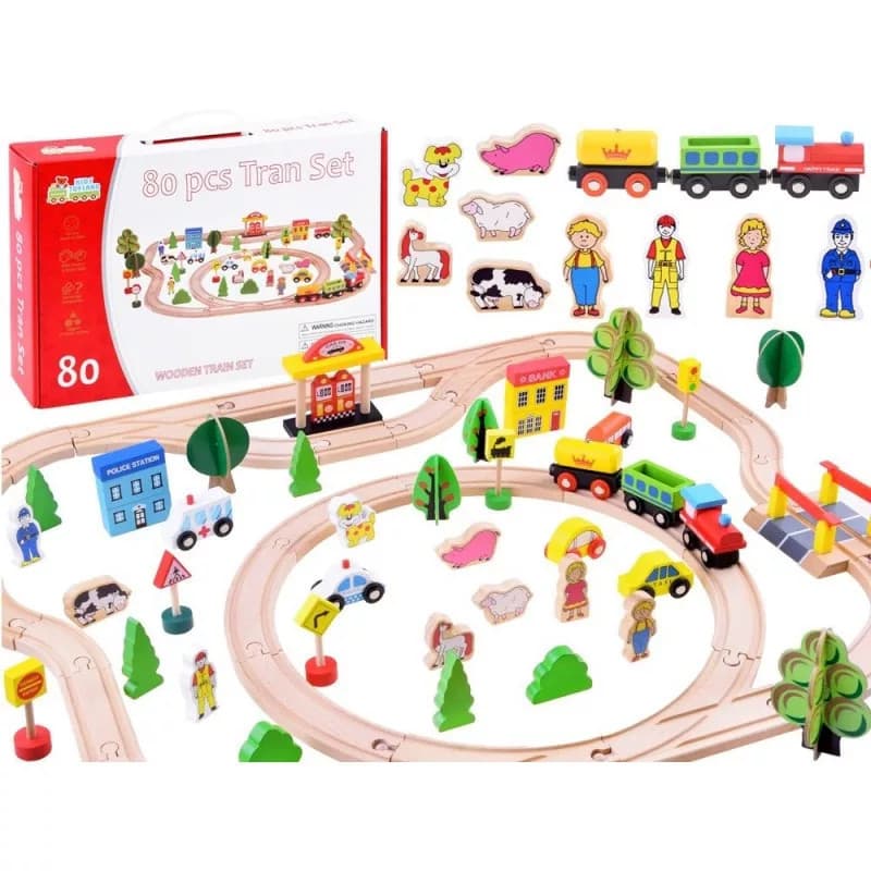 Traseu din lemn Kids Toyland, cu masinute si accesorii, 80 piese 2