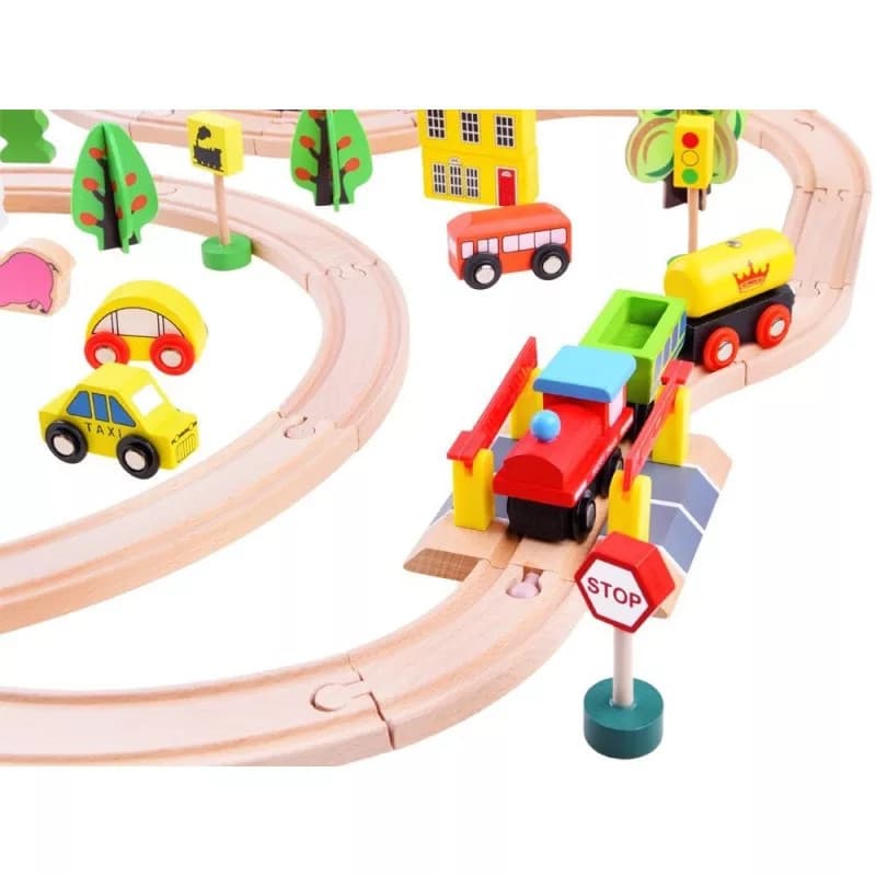 Traseu din lemn Kids Toyland, cu masinute si accesorii, 80 piese 3