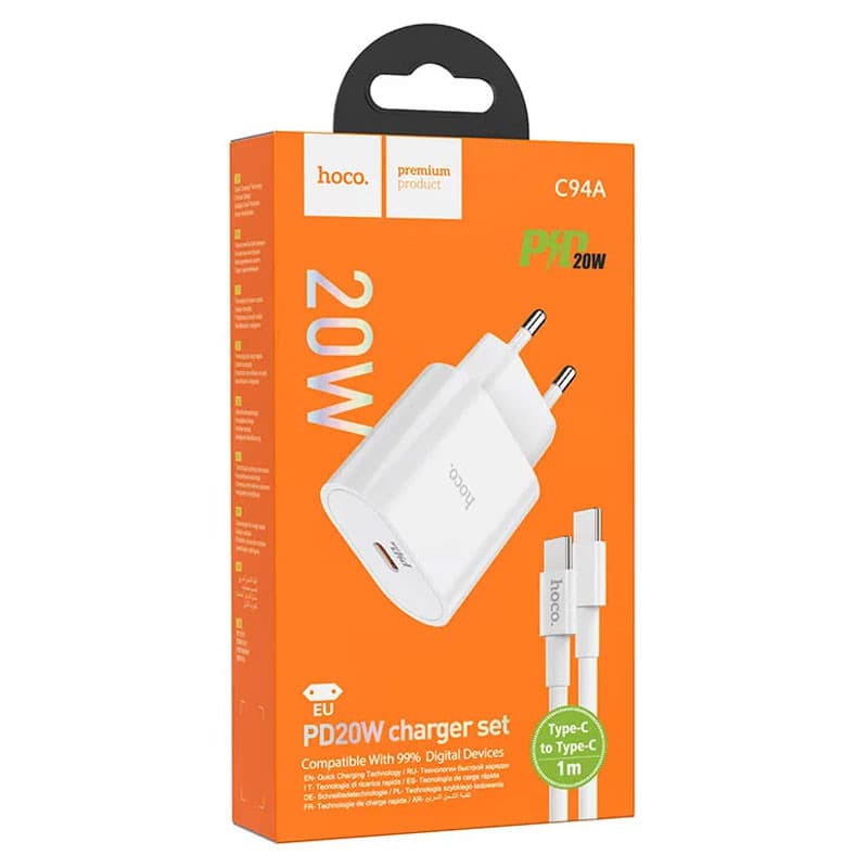Incarcator casa Hoco C94A, 1 x USB-C PD 20W/3A, cablu Type-C inclus, incarcare rapida, albe 5