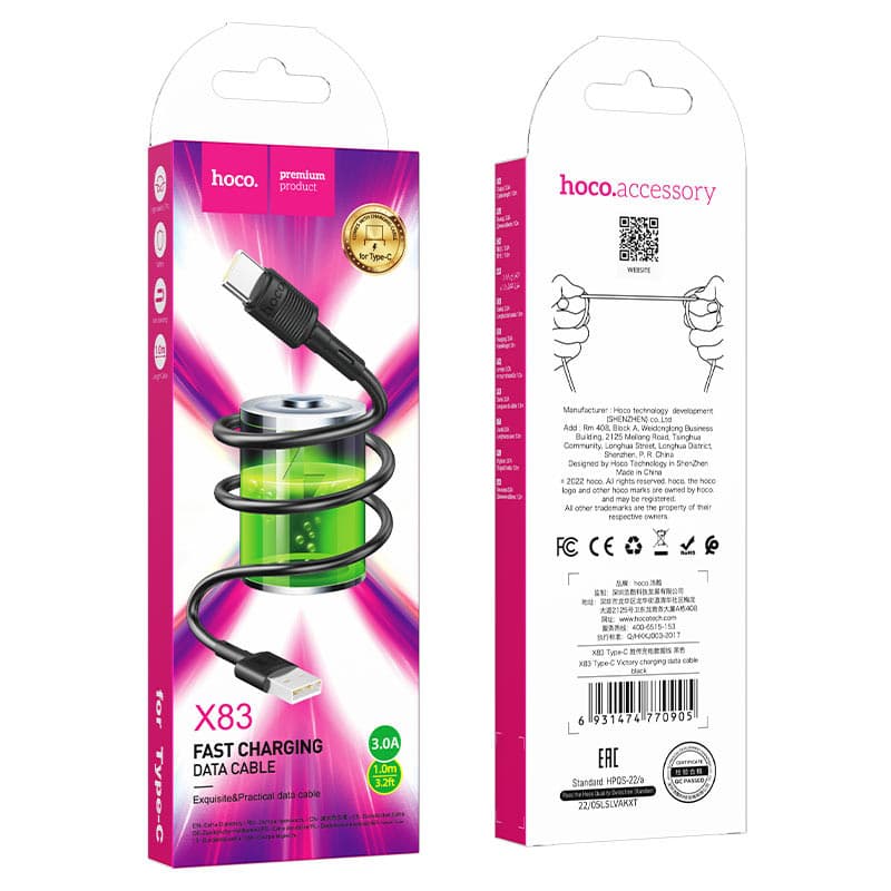 Cablu date si Incarcare Hoco X83, USB to Type-C (USB-C), 1 metru, 60W/3A, negru 3