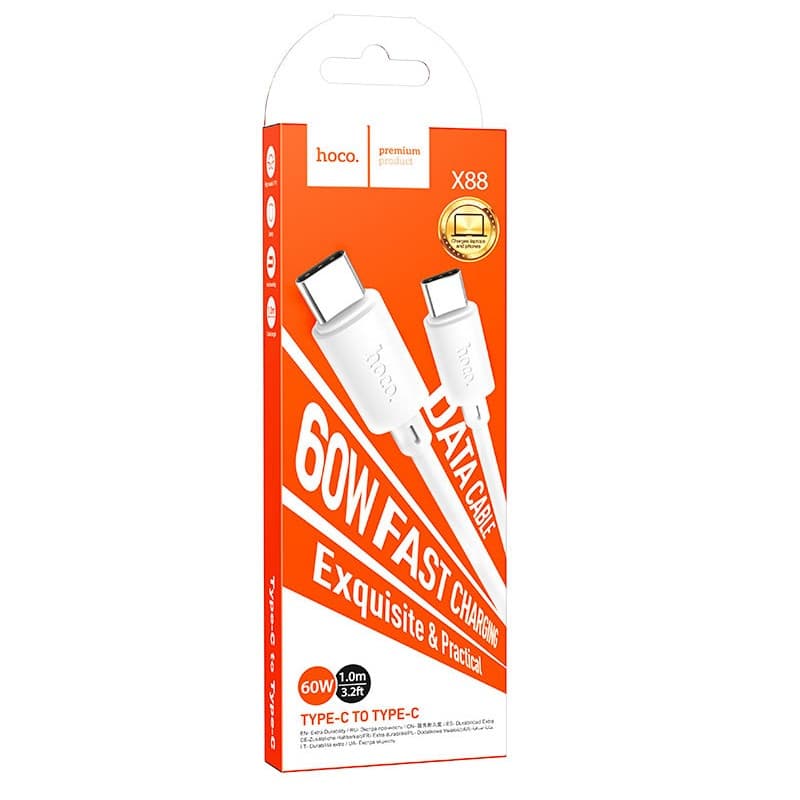 Cablu de date si incarcare Hoco X88, Type-C to Type-C, PD 60W, 3A, 1 metru, incarcare rapida, alb 2