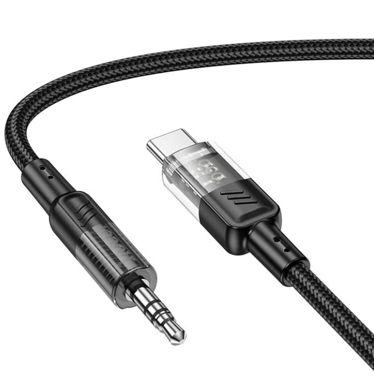 Cablu adaptor Hoco UPA27 Crystal Clear, AUX USB-C / 3,5 mm jack, protectie textila, negru 2