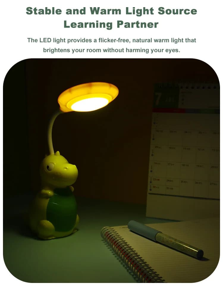 Lampa LED cu suport creioane si ascutitoare, functie lampa de veghe, dinozaur galben 4