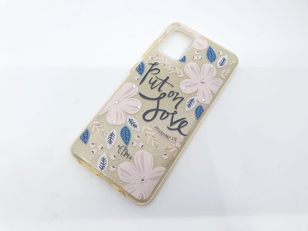 Husa Flowers Glitter pentru Samsung Galaxy S20, cu mesaj, aurie 2