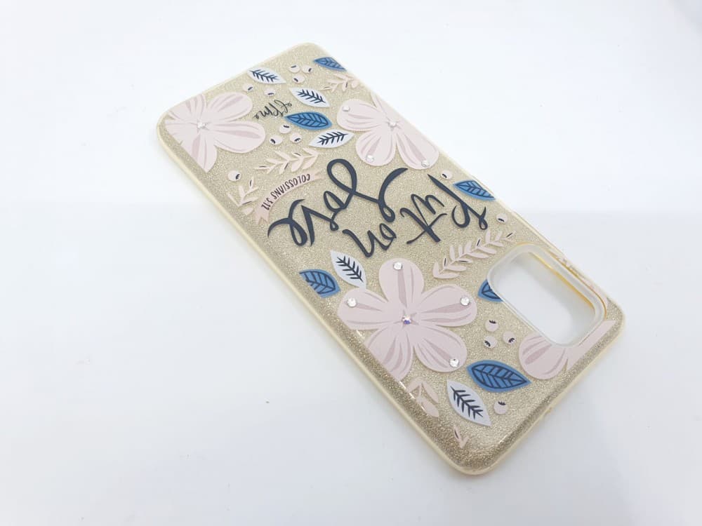 Husa Flowers Glitter pentru Samsung Galaxy S20, cu mesaj, aurie 3