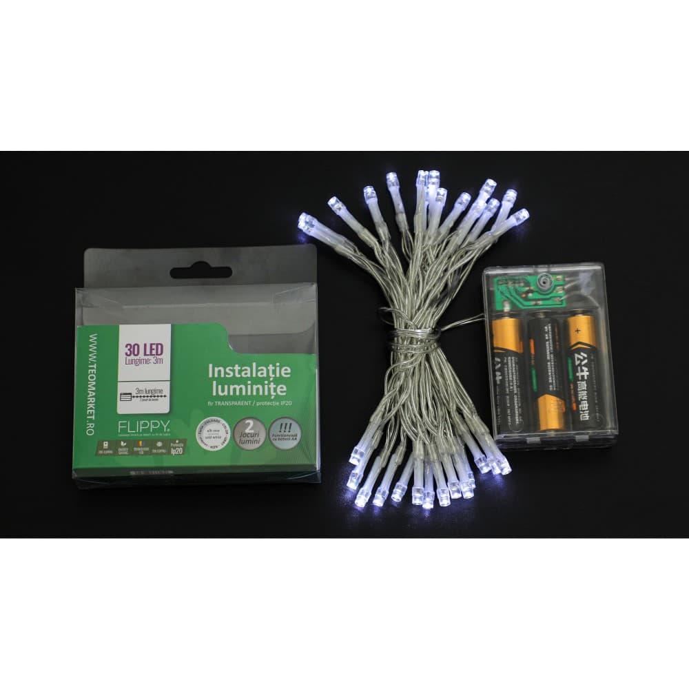 Instalatie de Craciun cu Baterii Tip Liniar, 2 jocuri de lumini, Fir Transparent 3 m 30 LED -uri, Alb Rece 5