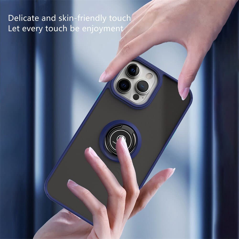 Husa protectie Apple iPhone 14, Metal Bracket, antisoc, inel sustinere, prindere magnetica, margini albastre 3