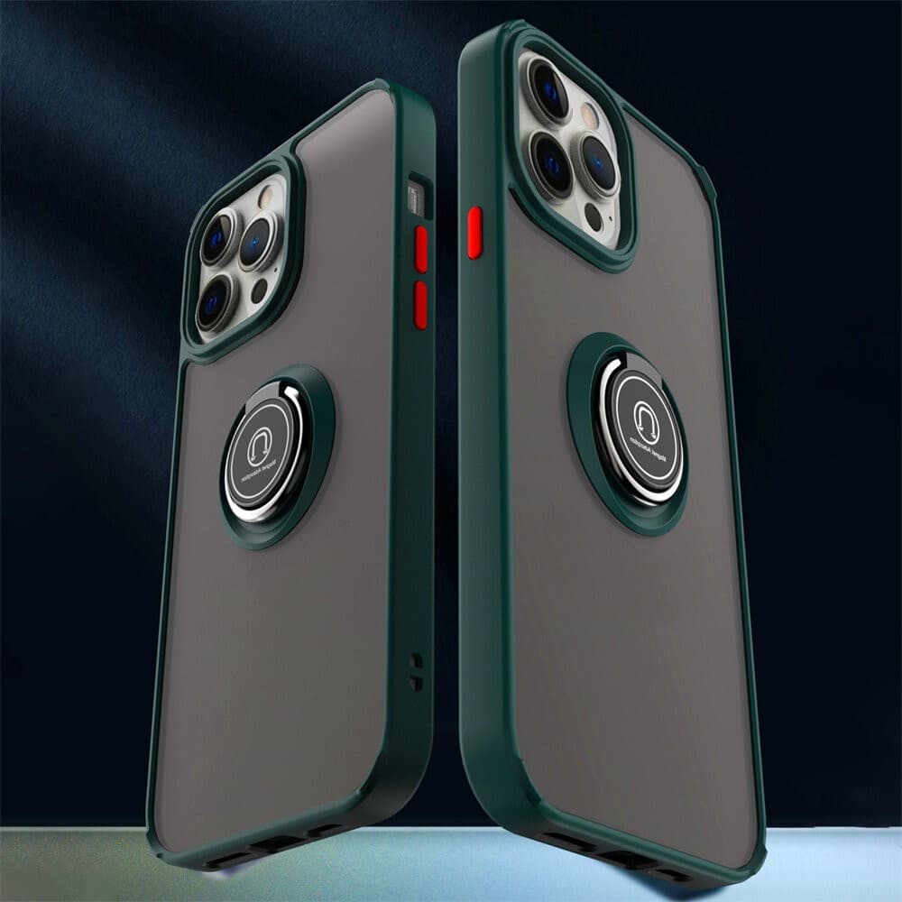 Husa protectie Apple iPhone 12/12 Pro, Metal Bracket, antisoc, inel sustinere, prindere magnetica, margini verzi 3