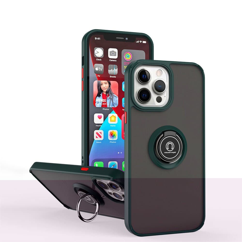 Husa protectie Apple iPhone 14 Metal Bracket, antisoc, inel sustinere, prindere magnetica, margini verzi 2