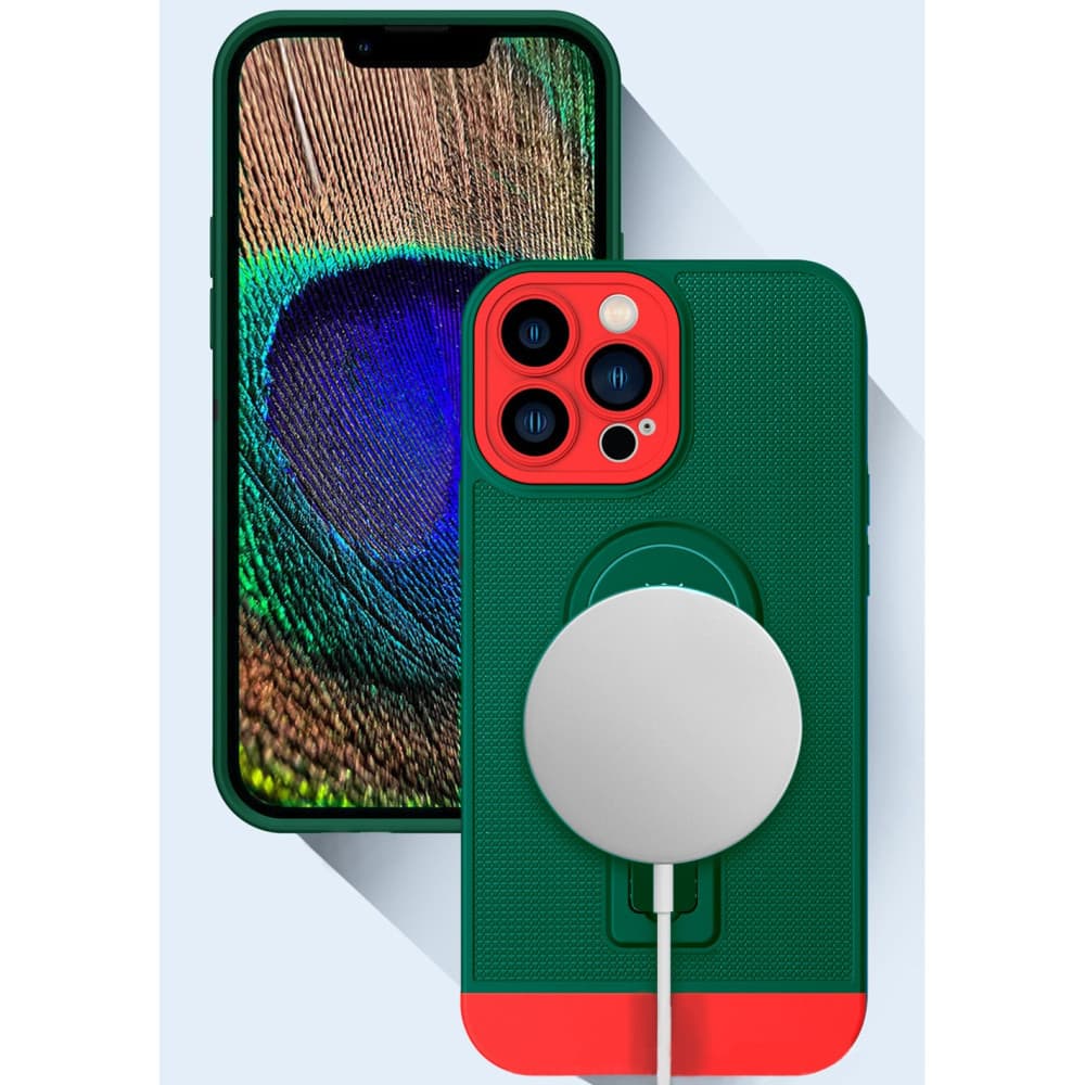 Husa Apple iPhone 14, Armor Design, functie stand, insertie metalica pentru suport auto magnetic, verde/rosu 3