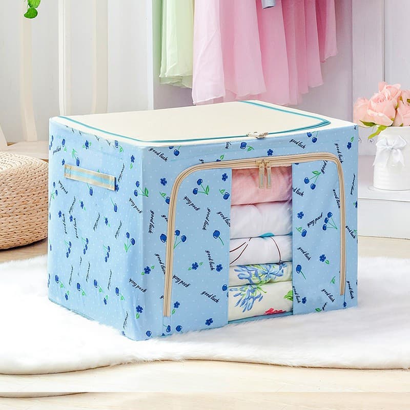 Cutie de depozitare pliabila, fermoar, 66 litri, textil, 50 x 40 x 33 cm, cadru metalic, suport baza stabil din plastic, imprimeu cirese, albastra 2