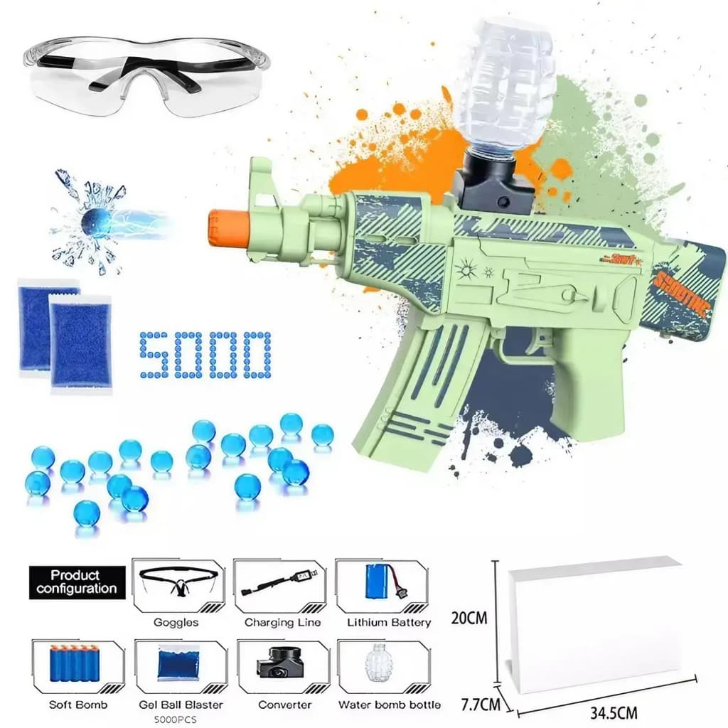 Mitraliera de jucarie cu bile de hidrogen de gel, electrica, 5000 bile incluse, ochelari protectie, AK47, verde 2