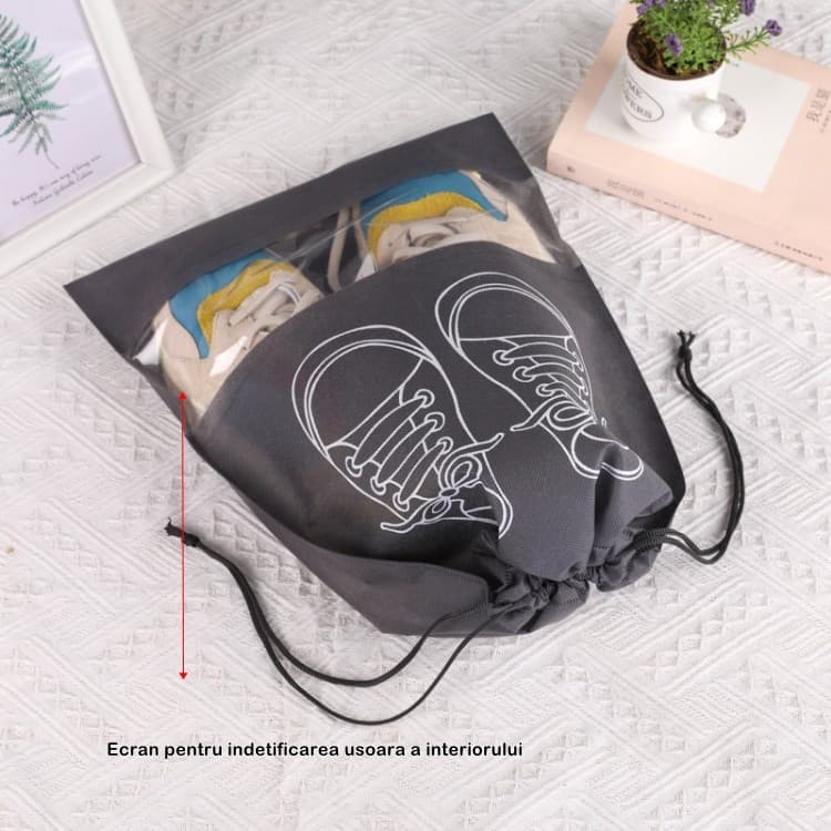Sac depozitare incaltaminte, pentru voiaj sau depozitare, rezistent la praf, compatibil cu masina de spalat, 27 x 36 cm, gri deschis 2