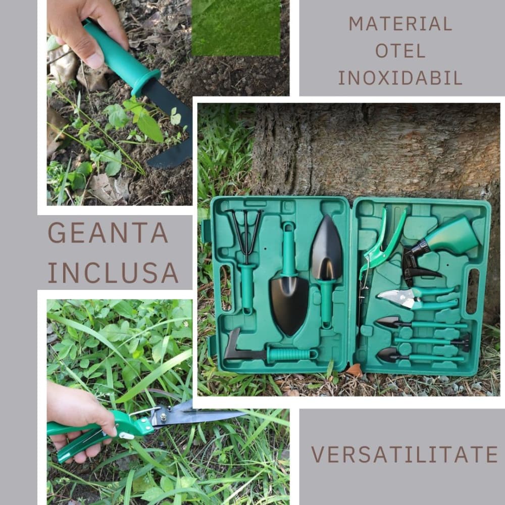 Set 10 accesorii pentru gradinarit, geanta depozitare inclusa, otel inoxidabil, 37 x 28 cm, verde 2