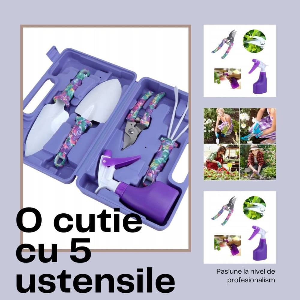 Set 5 accesorii pentru gradinarit, geanta depozitare inclusa, otel inoxidabil, 38 x 29 cm, mov 2