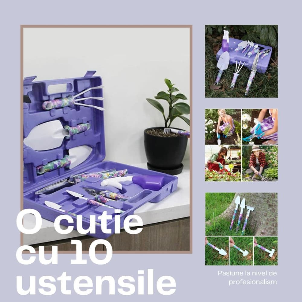 Set 10 accesorii pentru gradinarit , geanta depozitare inclusa, otel inoxidabil, 37 x 28 cm, mov 2