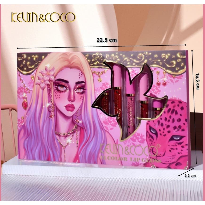 Set 12 Lip Gloss Kevin&Coco, nuante de rosu, rose, nude, roz, cutie dreptunghiulara, 26.5x16.5x2.2 cm, 200 g, multicolor 4