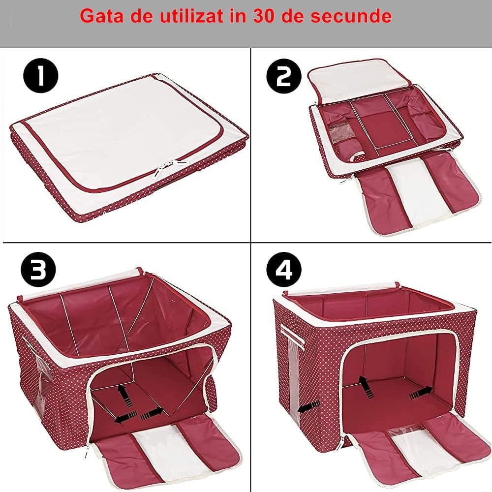 Cutie de depozitare pliabila cu fermoar, 100 litri, 60 X 42 X 40 cm, o fereastra, cadru metalic, rosie cu puncte albe 3