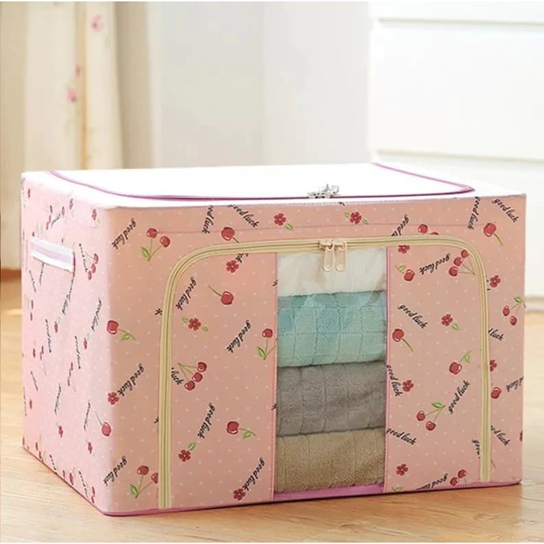 Cutie de depozitare pliabila cu fermoar, 100 litri, material textil, 60 X 42 X 40 cm, imprimeu cirese rosii 2