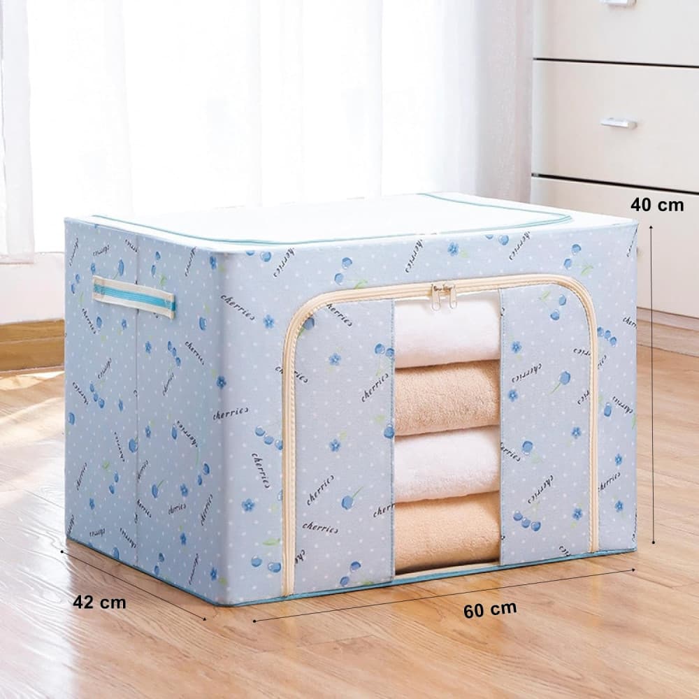Cutie de depozitare pliabila cu fermoar, 100 litri, material textil, 60 X 42 X 40 cm, imprimeu cirese albastre 2