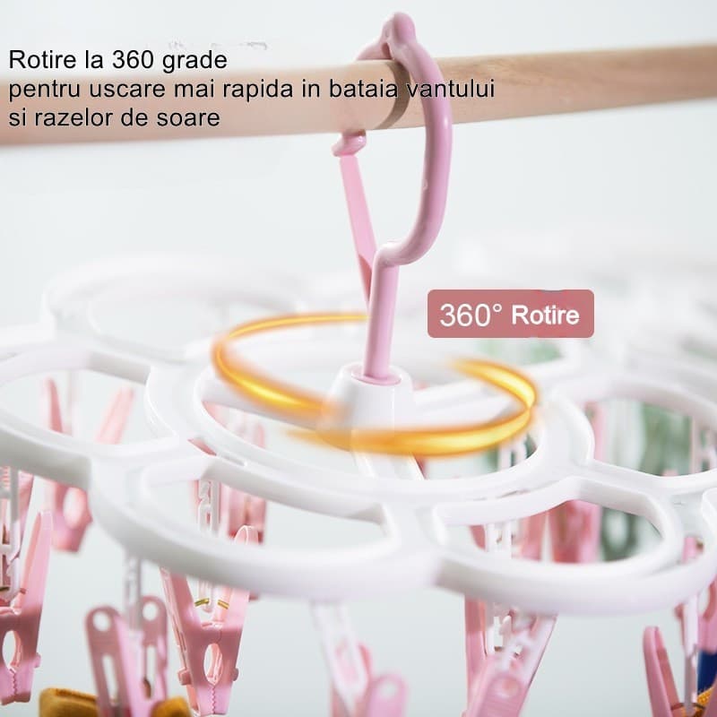 Uscator de Rufe cu 16 carlige, suspendat, rotire 360 grade, plastic, multifunctional, 26 x 21 cm, roz 2