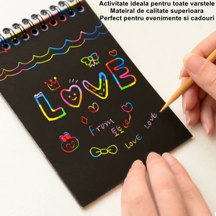 Caiet cu 10 fise razuibile DIY Magic Scratch, 14.5 x 10 cm, curcubeu, creion lemn, cartonase negre, verde 2