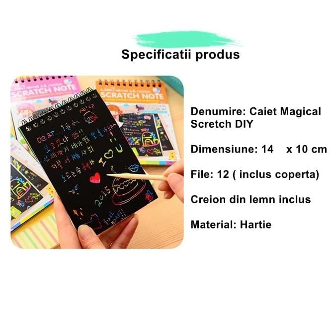 Caiet cu 10 fise razuibile DIY Magic Scratch, 14 x 10 cm, curcubeu, creion lemn, cartonase negre, albastru 2