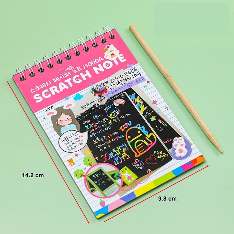 Caiet cu 10 fise razuibile DIY Magic Scratch, 14 x 10 cm, curcubeu, creion lemn, cartonase negre, roz deschis 2
