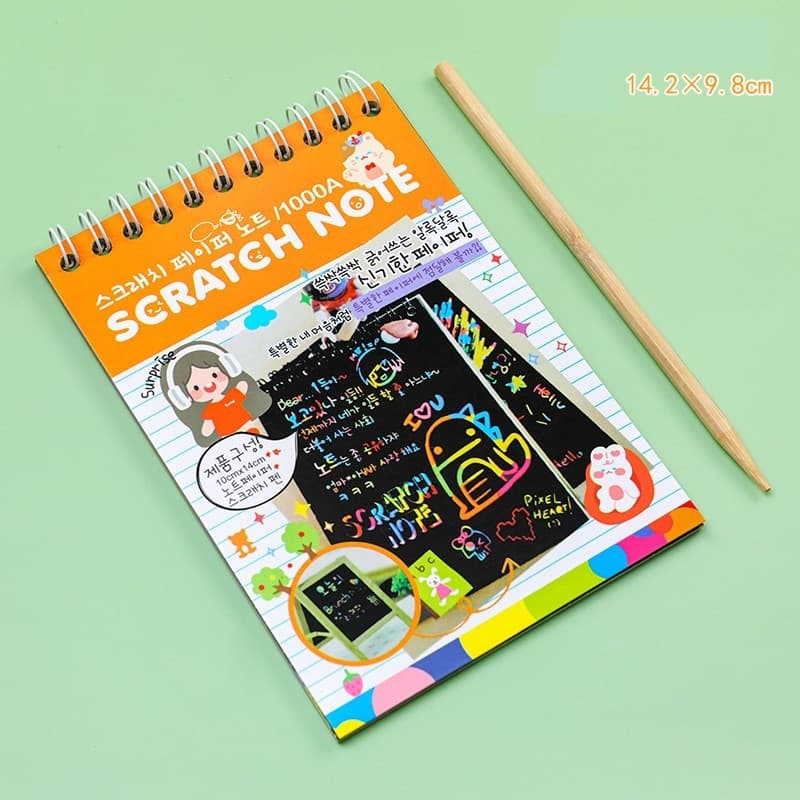 Caiet cu 10 fise razuibile DIY Magic Scratch, 14 x 10 cm, curcubeu, creion lemn, cartonase negre, portocaliu 2