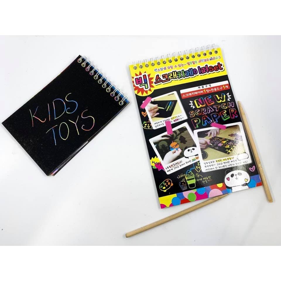 Caiet cu 10 fise razuibile DIY Magic Scratch, 26 x 19 cm, curcubeu, creion din lemn, cartonase negre 3