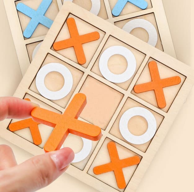 Jucarie tip Montessori "X si O", 9 piese, lemn, portocaliu/alb 3
