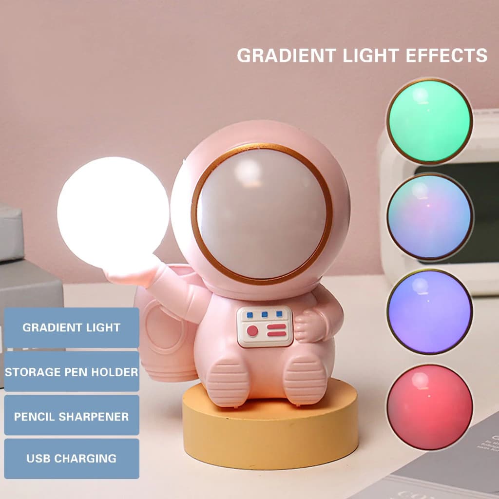 Lampa LED 2 in 1, cu ascutitoare si suport creioane, astronaut roz 2